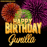 A golden 'Happy Birthday Gunilla' message with vibrant fireworks in the background, creating a festive and celebratory vibe in this animated name GIF.