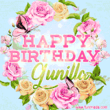 A charming animated GIF featuring 'Happy Birthday Gunilla' in pink and green text, surrounded by delicate roses, leaves, and fluttering butterflies on a soft light blue pastel background.