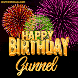 A golden 'Happy Birthday Gunnel' message with vibrant fireworks in the background, creating a festive and celebratory vibe in this animated name GIF.
