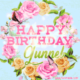 A charming animated GIF featuring 'Happy Birthday Gunnel' in pink and green text, surrounded by delicate roses, leaves, and fluttering butterflies on a soft light blue pastel background.