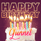 A colorful birthday cake topped with lit candles, with the words 'Happy Birthday Gunnel' in bold glowing letters on a burgundy background. Animated flames add a festive touch.