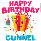 A vibrant and funny gift box character with a happy face dancing with a cupcake and the text 'Happy Birthday Gunnel,' surrounded by animated confetti and party vibes.