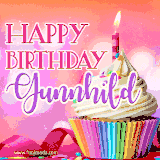 A vibrant birthday GIF featuring a rainbow-colored cupcake topped with white frosting, sprinkles, and a lit candle. The text reads 'Happy Birthday Gunnhild' in bold pink and violet letters with white outline.