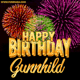 A golden 'Happy Birthday Gunnhild' message with vibrant fireworks in the background, creating a festive and celebratory vibe in this animated name GIF.