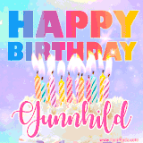 A vibrant animated name GIF with the words 'Happy Birthday Gunnhild' with colorful candles on a creamy cake. The background sparkles with pastel shades, adding a festive touch.