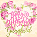 A stunning heart made of pink roses surrounds the elegant script text 'Happy Birthday Gunnhild' on a soft beige background. Animated sparkles add a magical and festive feel.