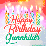 Bright birthday candles with rainbow flames on a cake, alongside the text 'Happy Birthday Gunnhildr' in vibrant script in this celebratory animated GIF.
