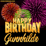 A golden 'Happy Birthday Gunnhildr' message with vibrant fireworks in the background, creating a festive and celebratory vibe in this animated name GIF.