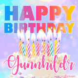 A vibrant animated name GIF with the words 'Happy Birthday Gunnhildr' with colorful candles on a creamy cake. The background sparkles with pastel shades, adding a festive touch.