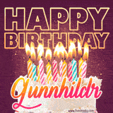 A colorful birthday cake topped with lit candles, with the words 'Happy Birthday Gunnhildr' in bold glowing letters on a burgundy background. Animated flames add a festive touch.