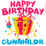 A vibrant and funny gift box character with a happy face dancing with a cupcake and the text 'Happy Birthday Gunnhildr,' surrounded by animated confetti and party vibes.