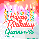 Bright birthday candles with rainbow flames on a cake, alongside the text 'Happy Birthday Gunnvarr' in vibrant script in this celebratory animated GIF.