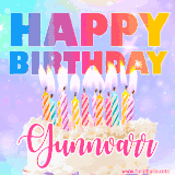 A vibrant animated name GIF with the words 'Happy Birthday Gunnvarr' with colorful candles on a creamy cake. The background sparkles with pastel shades, adding a festive touch.