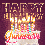 A colorful birthday cake topped with lit candles, with the words 'Happy Birthday Gunnvarr' in bold glowing letters on a burgundy background. Animated flames add a festive touch.