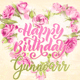 A stunning heart made of pink roses surrounds the elegant script text 'Happy Birthday Gunnvarr' on a soft beige background. Animated sparkles add a magical and festive feel.