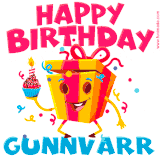 A vibrant and funny gift box character with a happy face dancing with a cupcake and the text 'Happy Birthday Gunnvarr,' surrounded by animated confetti and party vibes.