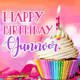 A vibrant birthday GIF featuring a rainbow-colored cupcake topped with white frosting, sprinkles, and a lit candle. The text reads 'Happy Birthday Gunnvor' in bold pink and violet letters with white outline.