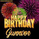 A golden 'Happy Birthday Gunnvor' message with vibrant fireworks in the background, creating a festive and celebratory vibe in this animated name GIF.