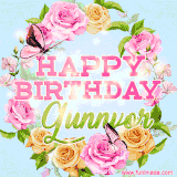 A charming animated GIF featuring 'Happy Birthday Gunnvor' in pink and green text, surrounded by delicate roses, leaves, and fluttering butterflies on a soft light blue pastel background.