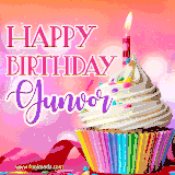 A vibrant birthday GIF featuring a rainbow-colored cupcake topped with white frosting, sprinkles, and a lit candle. The text reads 'Happy Birthday Gunvor' in bold pink and violet letters with white outline.