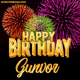 A golden 'Happy Birthday Gunvor' message with vibrant fireworks in the background, creating a festive and celebratory vibe in this animated name GIF.