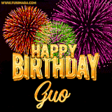 A golden 'Happy Birthday Guo' message with vibrant fireworks in the background, creating a festive and celebratory vibe in this animated name GIF.