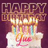 A colorful birthday cake topped with lit candles, with the words 'Happy Birthday Guo' in bold glowing letters on a burgundy background. Animated flames add a festive touch.