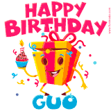 A vibrant and funny gift box character with a happy face dancing with a cupcake and the text 'Happy Birthday Guo,' surrounded by animated confetti and party vibes.
