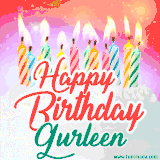 Bright birthday candles with rainbow flames on a cake, alongside the text 'Happy Birthday Gurleen' in vibrant script in this celebratory animated GIF.