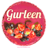 Beautifully decorated red velvet berry birthday cake with vibrant fruits and a glowing 'Gurleen' name, adding a touch of sweetness and sparkle.