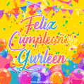 A bright and festive GIF with the text 'Feliz Cumpleaños Gurleen' in Spanish in colorful fonts, surrounded by confetti, balloons, and festive banners on a vibrant yellow background.