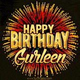 Golden 'Happy Birthday Gurleen' text accompanied by animated rainbow fireworks for a festive animated greeting.