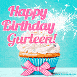 A festive cupcake with pink icing, a gingham bow, and a lit animated sparkler, paired with 'Happy Birthday Gurleen!' in bright pink text.