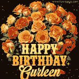 Animated bouquet of orange roses with moving butterfles and golden 'Happy Birthday Gurleen' text, surrounded by sparkling accents and a dark backdrop for a luxurious feel.