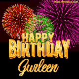 A golden 'Happy Birthday Gurleen' message with vibrant fireworks in the background, creating a festive and celebratory vibe in this animated name GIF.