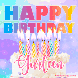 A vibrant animated name GIF with the words 'Happy Birthday Gurleen' with colorful candles on a creamy cake. The background sparkles with pastel shades, adding a festive touch.
