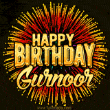 Golden 'Happy Birthday Gurnoor' text accompanied by animated rainbow fireworks for a festive animated greeting.