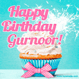 A festive cupcake with pink icing, a gingham bow, and a lit animated sparkler, paired with 'Happy Birthday Gurnoor!' in bright pink text.