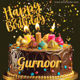 A delightful chocolate birthday cake with bright candles and 'Happy Birthday Gurnoor' written in gold amidst a shower of animated stars.
