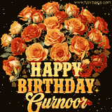 Animated bouquet of orange roses with moving butterfles and golden 'Happy Birthday Gurnoor' text, surrounded by sparkling accents and a dark backdrop for a luxurious feel.