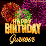A golden 'Happy Birthday Gurnoor' message with vibrant fireworks in the background, creating a festive and celebratory vibe in this animated name GIF.