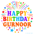 Happy Birthday Gurnoor' GIF with rainbow-colored letters, colorful stars, and fireworks on white background.