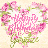 A stunning heart made of pink roses surrounds the elegant script text 'Happy Birthday Gurutze' on a soft beige background. Animated sparkles add a magical and festive feel.