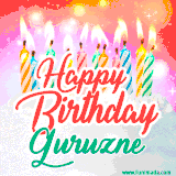 Bright birthday candles with rainbow flames on a cake, alongside the text 'Happy Birthday Guruzne' in vibrant script in this celebratory animated GIF.