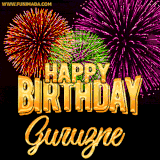 A golden 'Happy Birthday Guruzne' message with vibrant fireworks in the background, creating a festive and celebratory vibe in this animated name GIF.