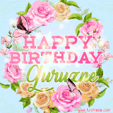 A charming animated GIF featuring 'Happy Birthday Guruzne' in pink and green text, surrounded by delicate roses, leaves, and fluttering butterflies on a soft light blue pastel background.