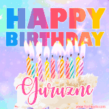 A vibrant animated name GIF with the words 'Happy Birthday Guruzne' with colorful candles on a creamy cake. The background sparkles with pastel shades, adding a festive touch.