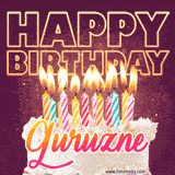 A colorful birthday cake topped with lit candles, with the words 'Happy Birthday Guruzne' in bold glowing letters on a burgundy background. Animated flames add a festive touch.