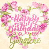 A stunning heart made of pink roses surrounds the elegant script text 'Happy Birthday Guruzne' on a soft beige background. Animated sparkles add a magical and festive feel.