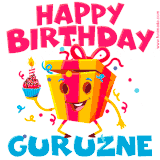A vibrant and funny gift box character with a happy face dancing with a cupcake and the text 'Happy Birthday Guruzne,' surrounded by animated confetti and party vibes.